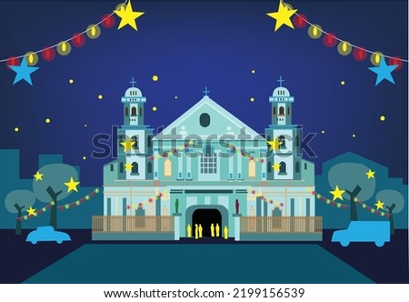 A Spanish Era Church with Decors during Christmas Season in the Philippines. Editable Clip Art.