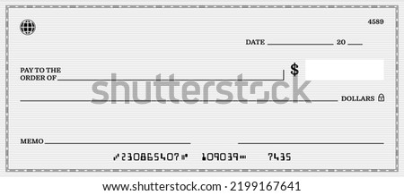 Blank bank check, checkbook cheque template for dollars payment, vector mockup. Bank payment check or money voucher and cash pay cheque certificate, dollar bill paycheck with guilloche pattern Royalty-Free Stock Photo #2199167641