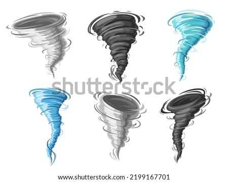 Cartoon tornado hurricane twister or cyclone storm, vector whirlwind or wind funnel. Cartoon tornado swirl or typhoon and air vortex of windstorm, thunderstorm hurricane twist with windy cloud twirl Royalty-Free Stock Photo #2199167701