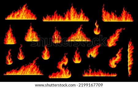 Cartoon isolated fire flame. Forest wildfire, fireplace fire flames, burning woods and hell blaze vector borders set. Campfire, flammable danger and natural disaster isolated fire flames set