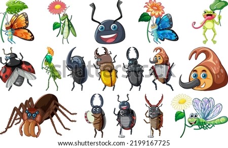 Set of various insects and amphibians cartoon illustration