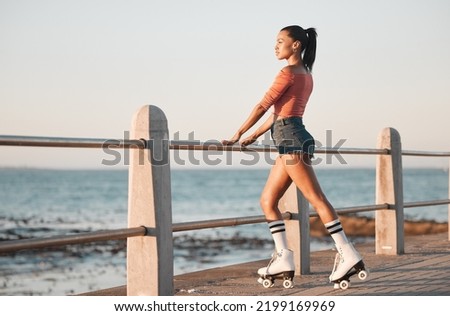 Summer, roller skate and black woman at beach promenade for fitness freedom, fun exercise and hobby training. Relax, calm and sunshine nature with young skating culture, cool urban girl and sea youth