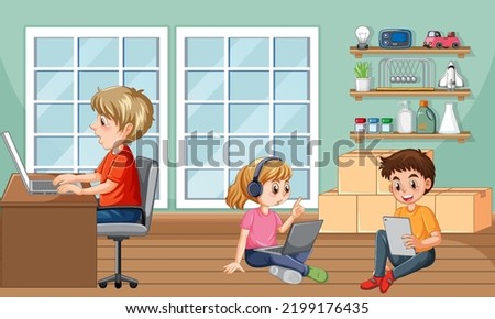 At home scene with children using their laptops illustration