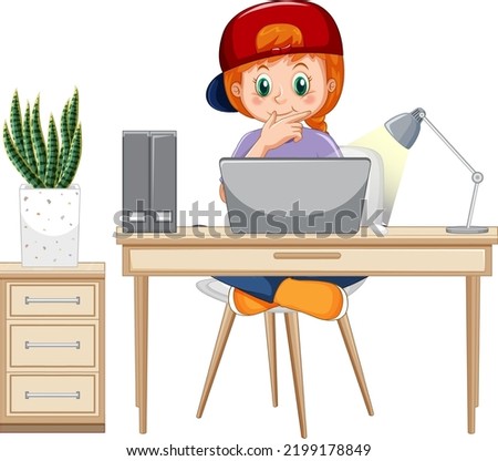 A girl browsing internet on laptop illustration