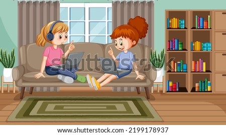 At home scene with children using their laptops illustration