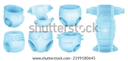 Realistic diapers set with isolated images of light blue soft diaper various angles on blank background vector illustration Royalty-Free Stock Photo #2199180645