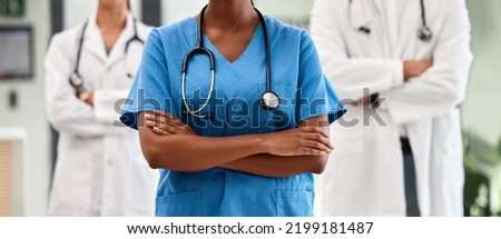 Doctor team, professional healthcare and medical trust or surgeon, nurse and experts ready for hospital service. Closeup wellness clinic, staff support and solidarity medicine worker group together Royalty-Free Stock Photo #2199181487