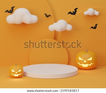 halloween stand to show product  on yellow background. clouds floating. Halloween bat. halloween pumkins.