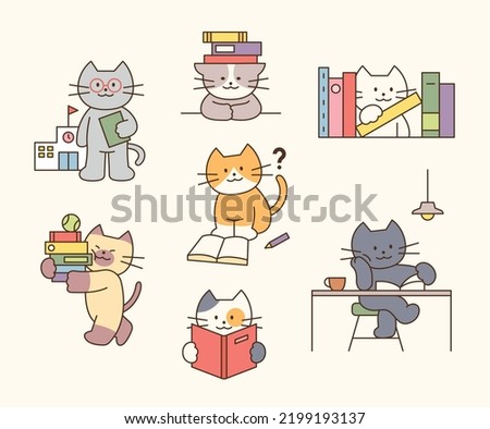 Collection of smart cat characters reading a book. flat design style vector illustration.