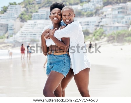 Portrait of happy friends on beach travel vacation, holiday or spring break to tropical island paradise. Black women on a girls trip to the sea or ocean for summer, sun and relax at water seaside Royalty-Free Stock Photo #2199194563