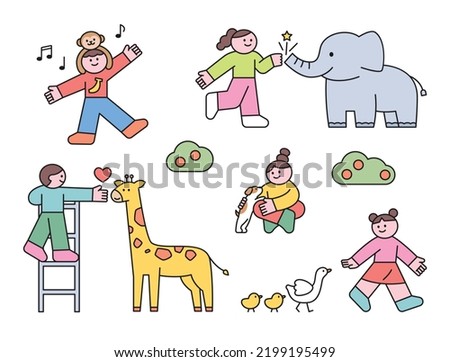 Cute children playing with cute animals. flat design style vector illustration.