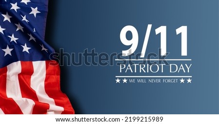 9 11 USA Never Forget September 11, 2001. Patriot Day USA poster or banner. Black background, red, blue colors Royalty-Free Stock Photo #2199215989