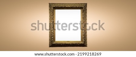 Antique art fair gallery frame on beige wall at auction house or museum exhibition, blank template with empty white copyspace for mockup design, artwork concept Royalty-Free Stock Photo #2199218269