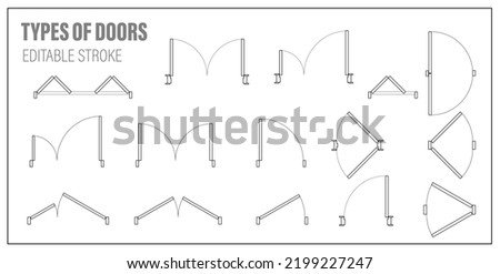 Set of doors for floor plan top view. Architectural kit of icons for interior project. Door for scheme of apartments. Construction symbol, graphic design element, blueprint, map. Vector illustration Royalty-Free Stock Photo #2199227247