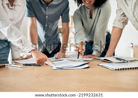 Business people planning strategy in meeting, discussion about marketing documents and reading advertising report for startup company. Team collaboration for creative idea on paper in work office