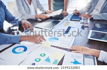 Teamwork, collaboration and infographic paper in business meeting for target audience data, KPI or demographic chart survey. Hands, digital marketing technology or employee with growth research idea Royalty-Free Stock Photo #2199232883