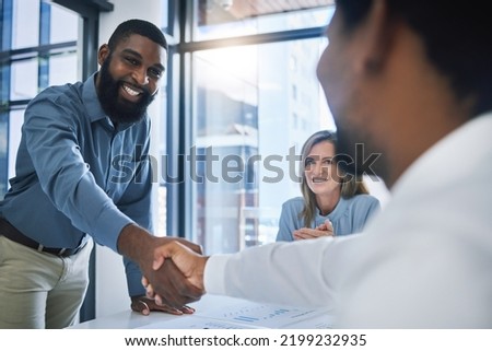 Deal, partnership and collaboration handshake of business people or men in b2b meeting at a diversity company. Happy smile of businessman shaking hands with hiring manager in a recruitment interview Royalty-Free Stock Photo #2199232935