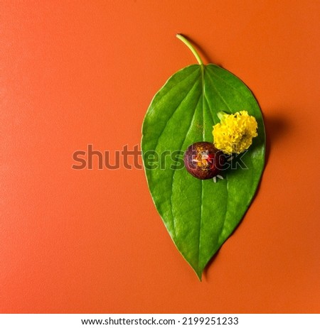 Betel nut and betel leaf placed in pooja and worshiped as a symbolic Ganesha in Hindu culture. Top view  of Betel nut, Paan and marigold flower shot from above on orange color background. Royalty-Free Stock Photo #2199251233