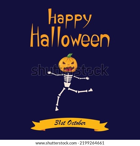 Dancing skeleton with a pumpkin head celebrating Halloween.