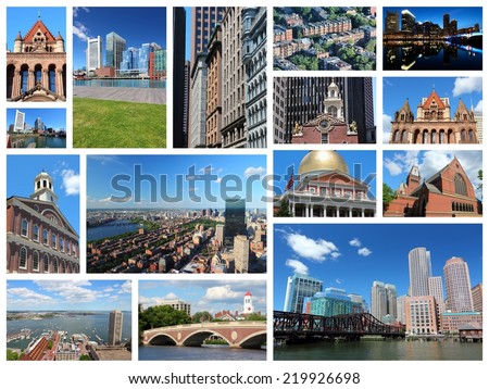 Photo collage from Boston, United States. Collage includes major landmarks like State House, city skyline and Harvard University.