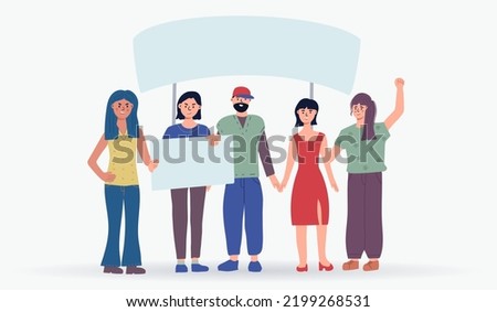 People holding blank placards. Protest for human rights and social equality. Publicity templates. Participation in a peaceful demonstration. Vector flat.