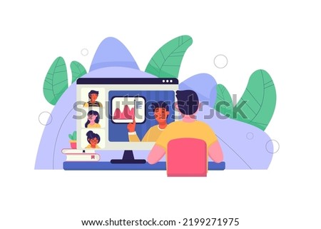 Concept online education with people scene in the flat cartoon design. Student acquires knowledge and develops in the online lesson. Vector illustration.
