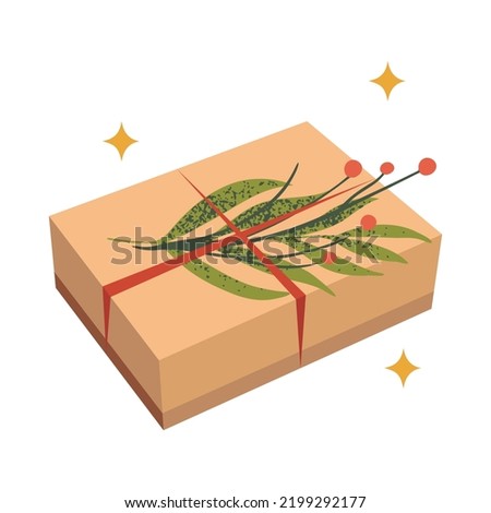 Beautiful gift box, decorated with leaves and red berries branch, isolated on white hand drawn vector illustration in flat style
