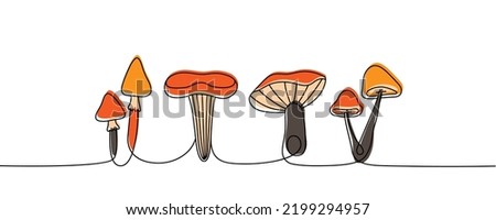 Set of Mushroom one line colored continuous drawing. Mushroom continuous one line colorful set illustration. Vector minimalist linear illustration