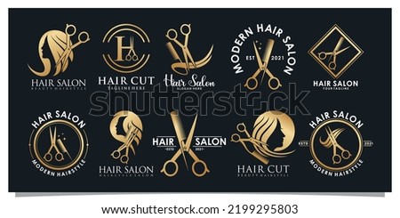Set bundle hair salon logo design with golden gradient color concept Premium Vector 1 Royalty-Free Stock Photo #2199295803