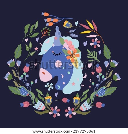Cute Head portrait Unicorn with colorful flowers and leaves. Magical Unicorn flat style. Fairy compositions can be used as creating card, banner, birthday and other holidays. Vector illustration.