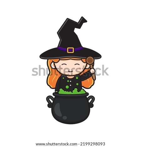 Cute witch cooking poison cartoon icon illustration. Design isolated flat cartoon style