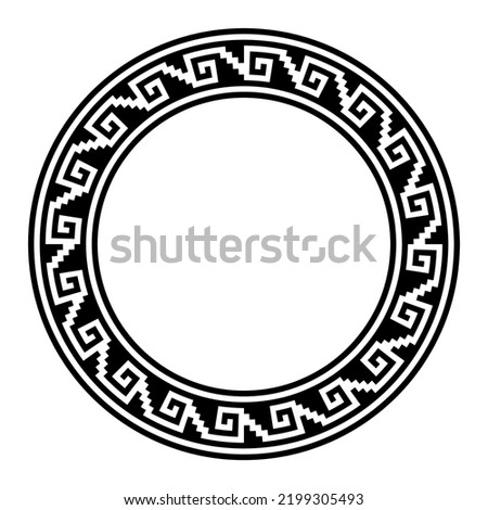 Aztec stepped fret motif, circle frame with meander pattern. Border made of steps, seamless connected to a hook or spiral, similar to Greek key. Also referred to as step fred design or Xicalcoliuhqui. Royalty-Free Stock Photo #2199305493