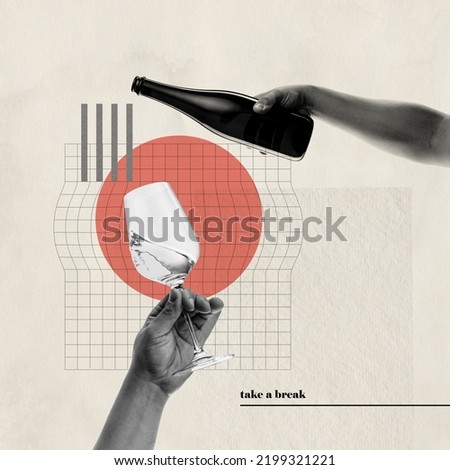 Contemporary art collage. Conceptual image. Two hands image. Wine pouring into glass. Degustation. Retro design. Take a break and drink wine. Concept of holiday, alcoholic drink, winery, artwork