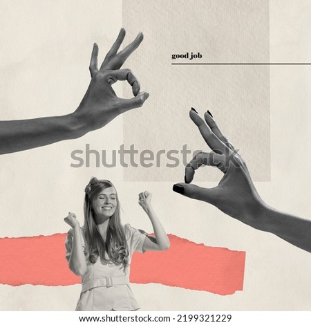 Contemporary art collage. Happy and cheerful woman celebrating successful job. Hands showing gesture of approval - Ok. Concept of business, growth, success, emotions, motivation. Feeling good. Royalty-Free Stock Photo #2199321229