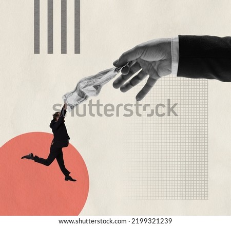 Contemporary art collage. Conceptual image. Businessman catching money given by a hand. In search of profit. Concept of business, economy, financial growth, promotion, following