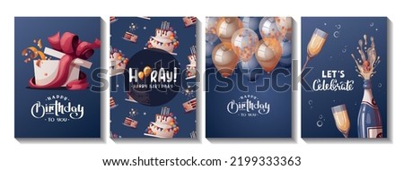 Set of Birthday cards with cake, gift box, balloons, champagne. Handwritten lettering. Birthday party, celebration, congratulations, invitation concept. Vector illustration. Postcard, card, cover. Royalty-Free Stock Photo #2199333363