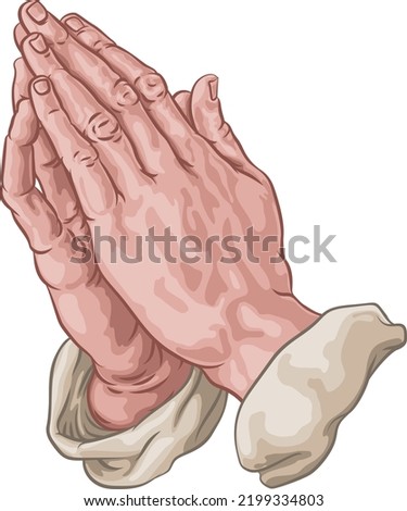 Praying hands in prayer in a comic book pop art cartoon illustration style. 