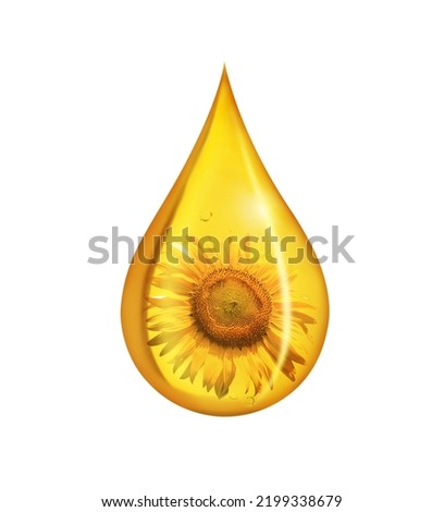 Drop of sunflower oil with sunflower flower inside isolated on white background with clipping path.