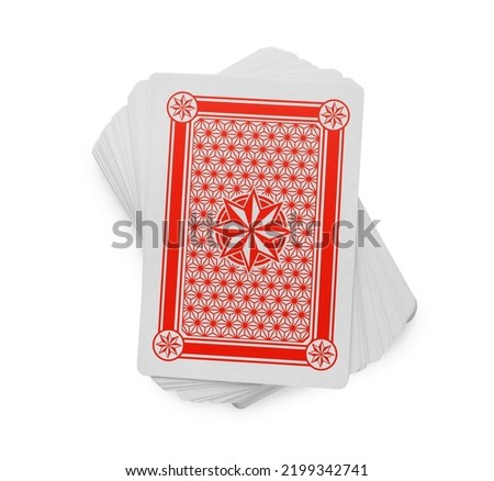 Deck of playing cards isolated on white, top view. Poker game Royalty-Free Stock Photo #2199342741