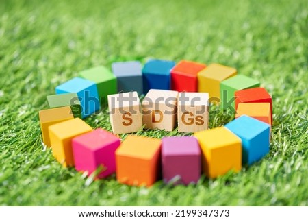 SDG symbols and a wooden cube stamped with the letters SDGs. Royalty-Free Stock Photo #2199347373