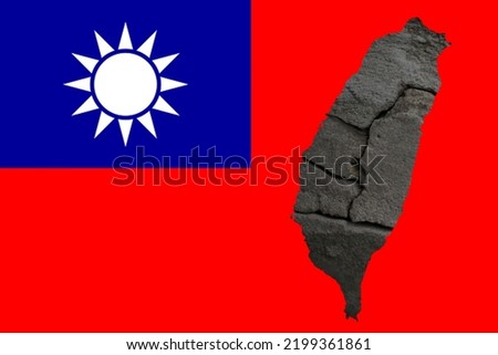 Defocus Taiwan flag, official colors and proportion correctly. National Taiwan flag. Taiwan map. Democracy. War and stone crack. War between China and Taiwan. Out of focus.