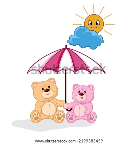 illustration of a teddy bear couple wearing an umbrella