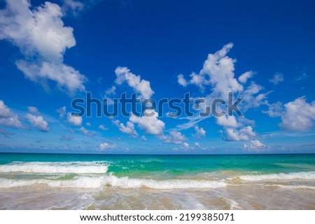 Exotic idyllic white sand sea wave beach blue sky with cloud natue landscape