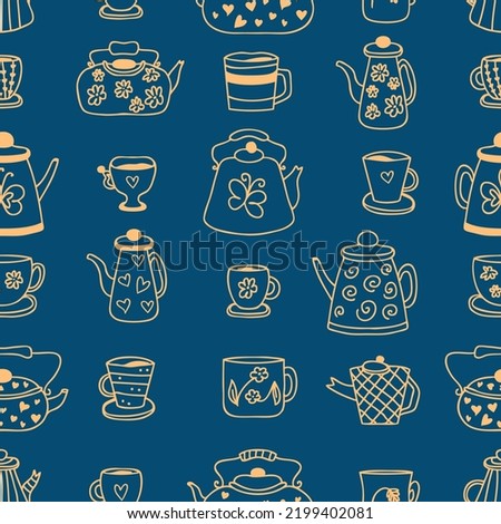 Doodle teapot, cups and mugs cozy seamless pattern. Perfect print for tea towel, dishcloth, stationery, textile and fabric. Hand drawn vector illustration for decor and design.




