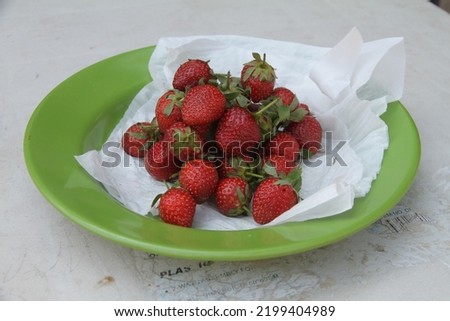 fresh strawberries on a green plastic plate after washing