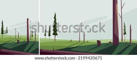 Scenery with felled trees. Dead nature landscape in different formats.