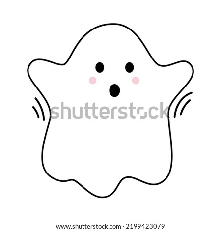 Vector with cute screaming ghost. Flying spirit in flat design. Outline phantom on white background. Doodle ghost. Halloween.