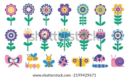 Kids flowers and butterflies. Cute cartoon simple flowers and bugs children illustration, spring and summer garden elements clipart. Vector isolated set. Colorful blooming plants with bee, ladybug