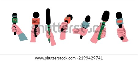 Hands holding microphone. Mass media reporters with mic recorder taking interview on live tv, press conference journalism concept. Vector isolated illustration. Newsmen holding mic for broadcast Royalty-Free Stock Photo #2199429741
