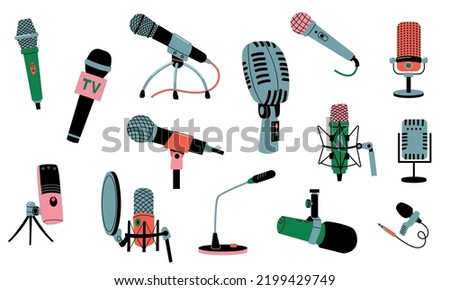 Microphones collection. Music recording radio broadcast equipment, cartoon mic technology for karaoke, studio sound, concert, podcast interview. Vector set. Audio record technology